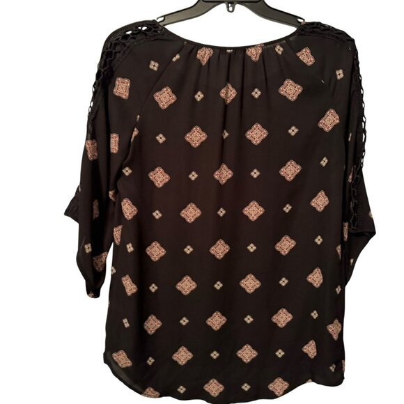 Roz & Ali Black Patterned Blouse Sz L 3/4 Sleeve Tie Neck women top - Picture 10 of 11